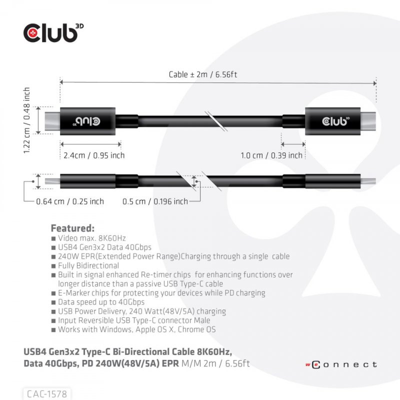 CLUB3D USB4 Gen3x2 Type-C Bi-Directional Cable 8K60Hz, Data 40Gbps, PD 240W(48V/5A) EPR M/M 2m / 6.56ft