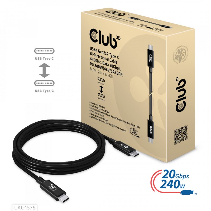CLUB3D USB4 Gen2x2 Type-C Bi-Directional Cable 4K60Hz, Data 20Gbps, PD 240W(48V/5A) EPR M/M 2m