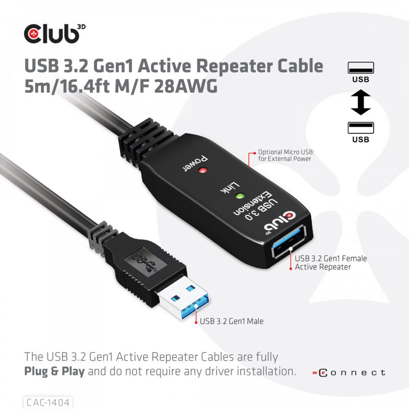 CLUB3D CAC-1404 câble USB USB 3.2 Gen 1 (3.1 Gen 1) 5 m USB A Noir