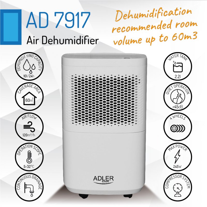Adler AD 7917 déshumidificateur 2,2 L 45 dB 200 W Blanc