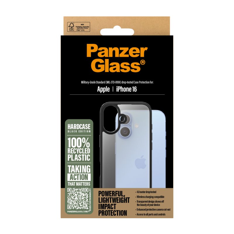 PanzerGlass PG HardCase Black iPhone 16 6.1Inch coque de protection pour téléphones portables Housse Transparent