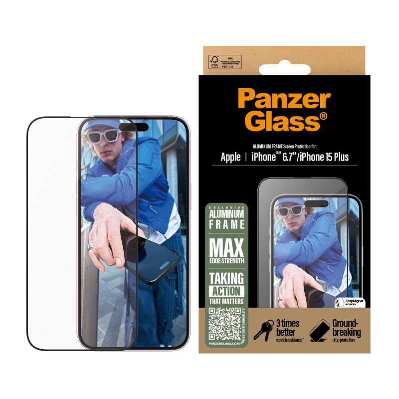 PanzerGlass Screen Protector Aluminum Frame iPhone 16 Plus | 15 Plus | Ultra-Wide Fit
