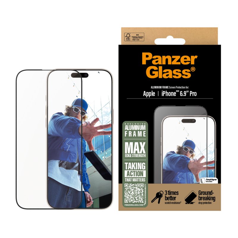 PanzerGlass Screen Protector Aluminum Frame iPhone 16 Pro Max| Ultra-Wide Fit