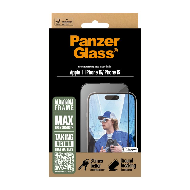 PanzerGlass Screen Protector Aluminum Frame iPhone 16 | 15 | Ultra-Wide Fit