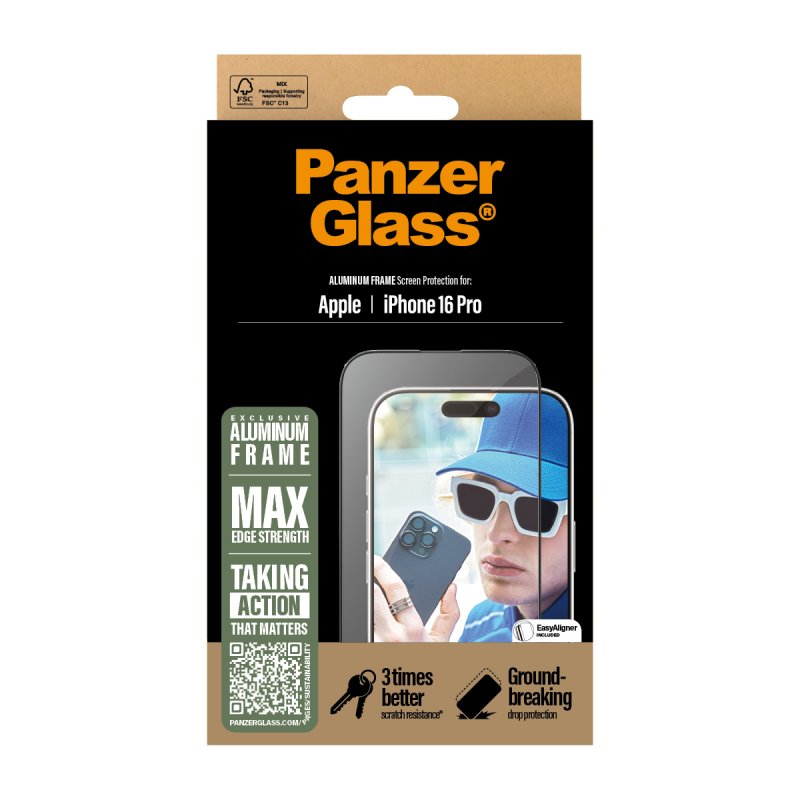 PanzerGlass Screen Protector Aluminum Frame iPhone 16 Pro | Ultra-Wide Fit