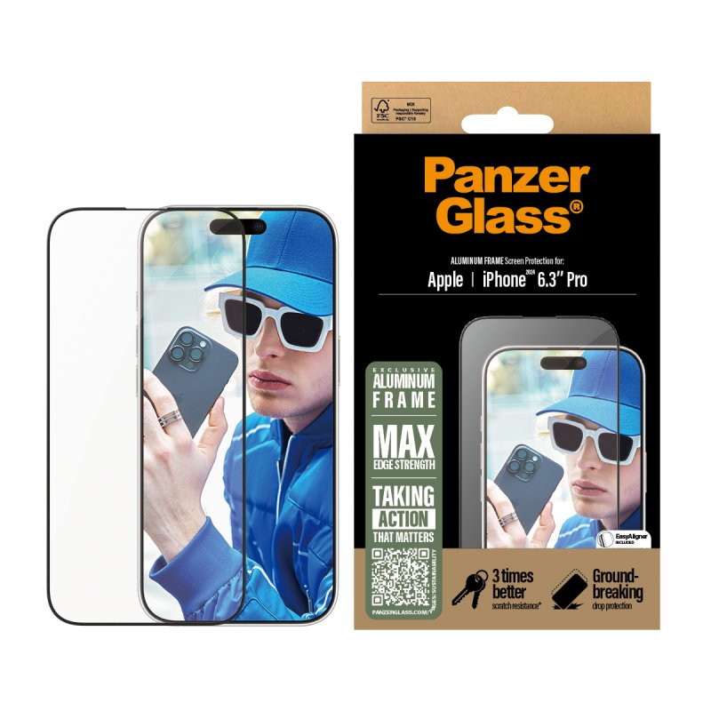 PanzerGlass Screen Protector Aluminum Frame iPhone 16 Pro | Ultra-Wide Fit