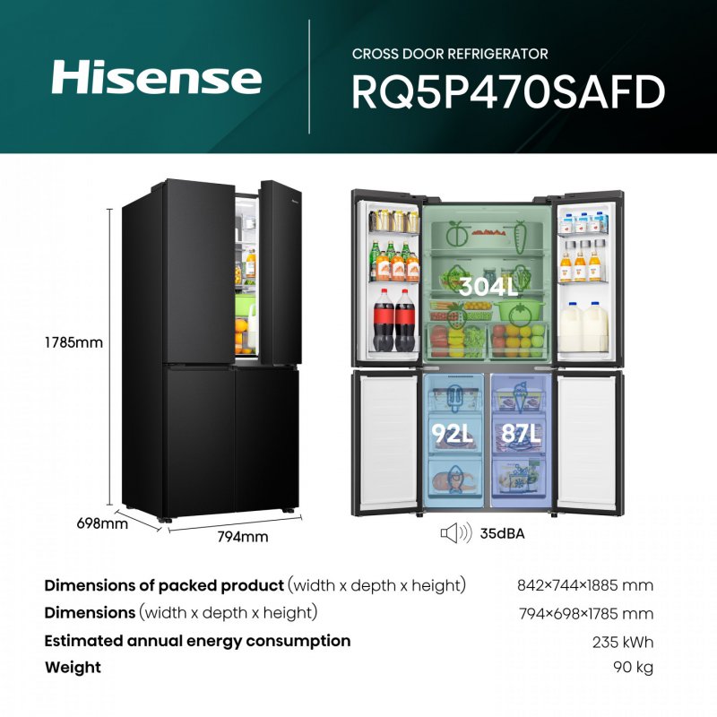 Hisense RQ5P470SAFD fridge-freezer Freestanding 483 L D Black, Stainless steel