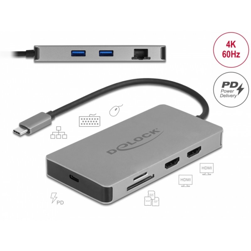 DeLOCK Station d’accueil USB Type-C 4K - Dual HDMI MST / USB 3.2 / SD / LAN / PD 3.0