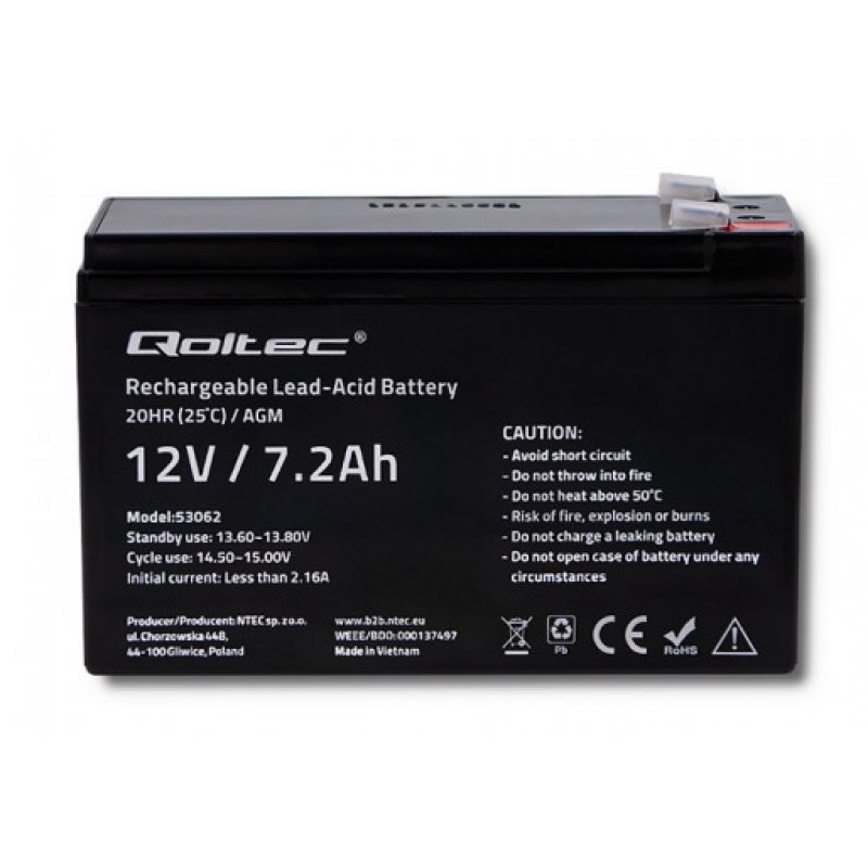 Qoltec 53062 AGM battery | 12V | 7.2 Ah | max 108A