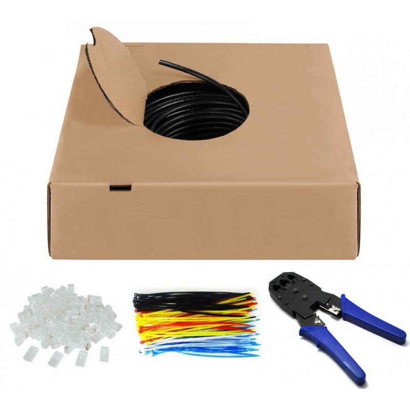 Outdoor Netzwerkkabel-Set Cat.6, U/UTP (schwarz, 305 Meter, inkl. Crimpzange)
