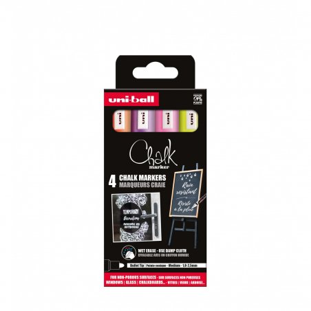 Uni - Chalk Marker PWE-5M, set of 4 markers - orange, pink, lilac & yellow (401578)