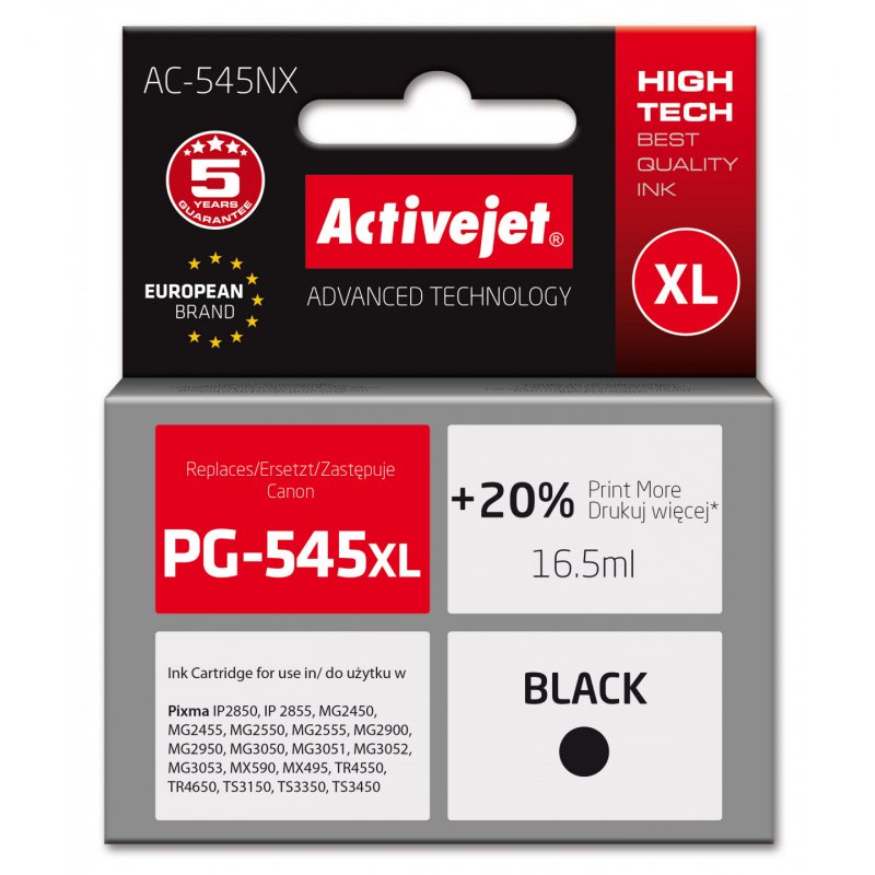Activejet AC-545NX Printer Ink for Canon Replacement Canon PG-545XL Supreme 16 5ml Black