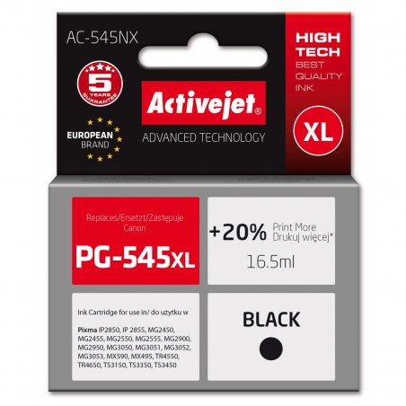 Activejet AC-545NX Encre pour imprimante Canon, Remplacement Canon PG-545XL Suprême 16,5ml Noir
