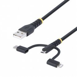 StarTech.com 3.3ft (1m) Rugged USB Multi Charging Cable, USB to Lightning/Micro-USB/Type-C, Apple MFi Certified, Aramid