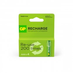 GP - Recharge Rechargeable Battery, Size AAA, 650 mAh, 4-pack