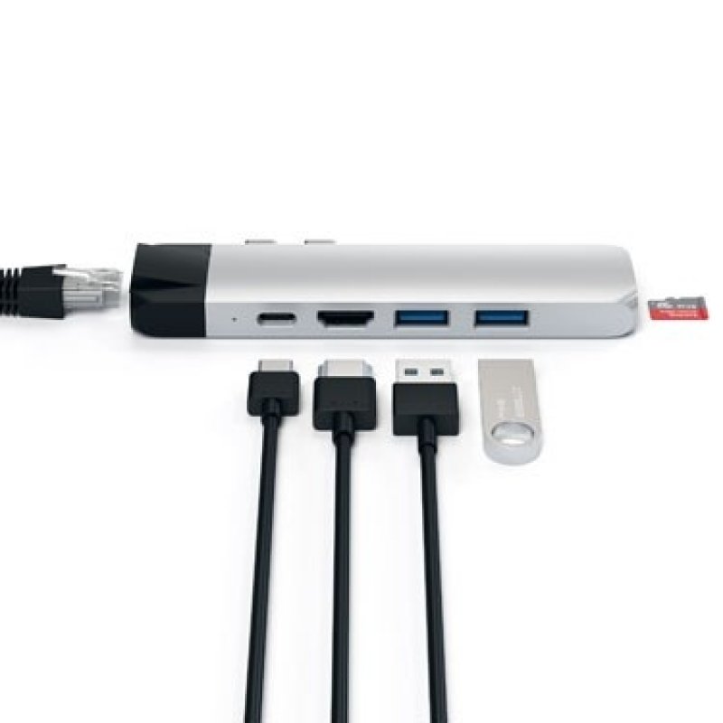 Hub Aluminium Macbook Multi-Ports Type-C vers 1x Ethernet 1x HDMI4K 2x USB3.0 1x Micro SD et 1x USB-C - Satechi - Argent