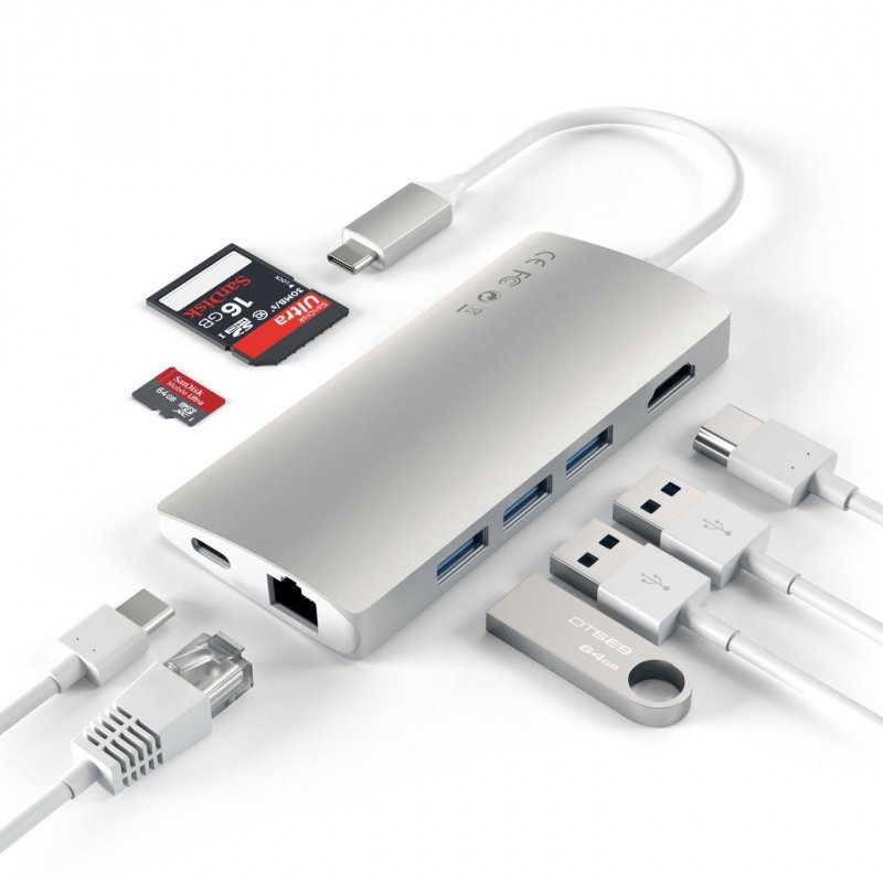 Hub Aluminium Multi-Ports 8-en-1 type USB-C vers HDMI4K Ethernet Micro SD SD 3x USB3.0 et 1x USB-C - Satechi - Gris