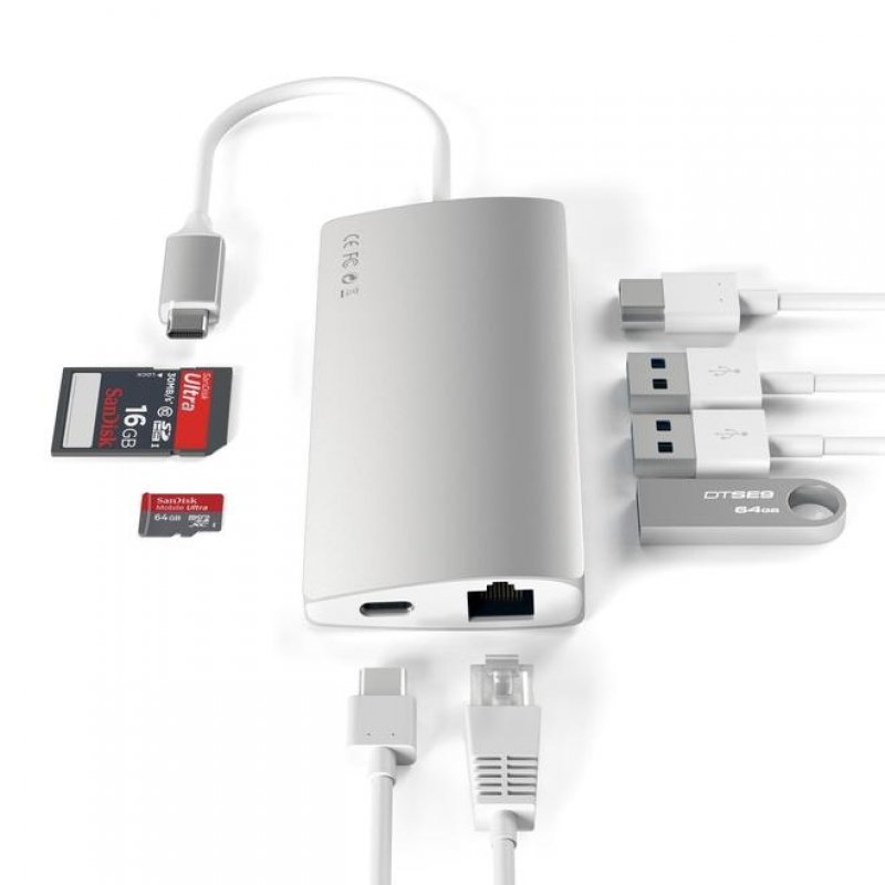 Hub Aluminium Multi-Ports 8-en-1 type USB-C vers HDMI4K Ethernet Micro SD SD 3x USB3.0 et 1x USB-C - Satechi - Gris