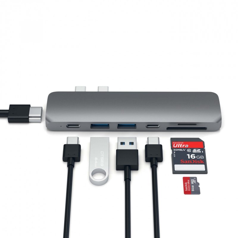 Hub Aluminium Macbook 7-en-1 Type-C vers USB-C PD port USB-C 2x USB 3.0 HDMI4k et x1 SD/Micro - Satechi - Gris