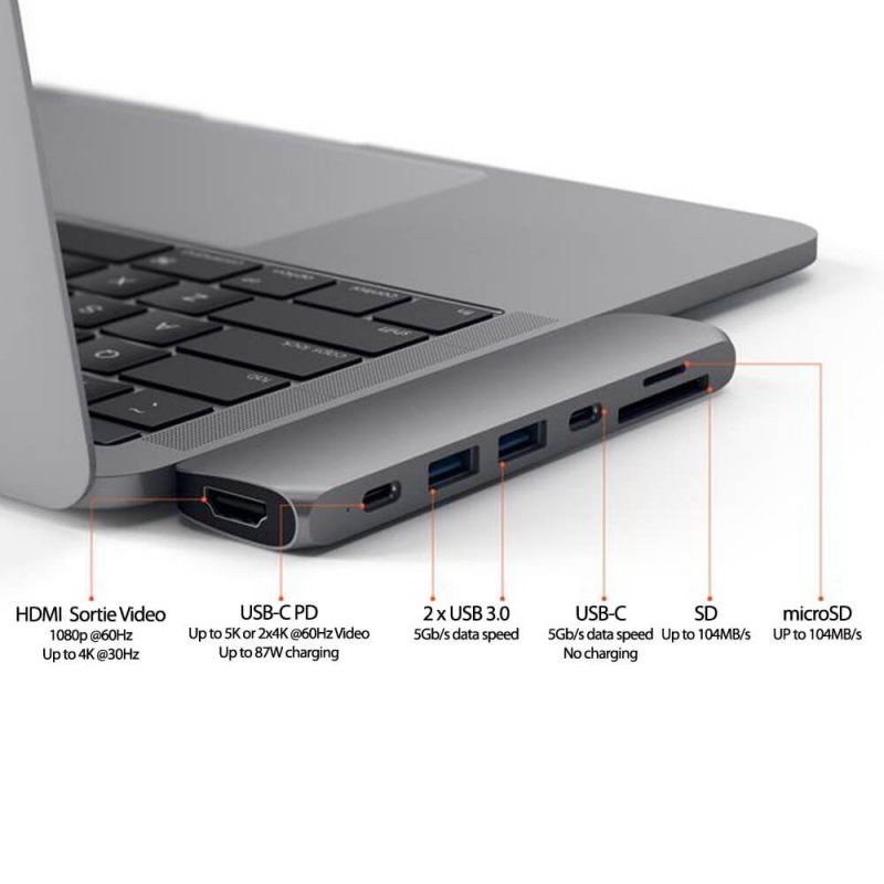 Hub Aluminium Macbook 7-en-1 Type-C vers USB-C PD port USB-C 2x USB 3.0 HDMI4k et x1 SD/Micro - Satechi - Gris