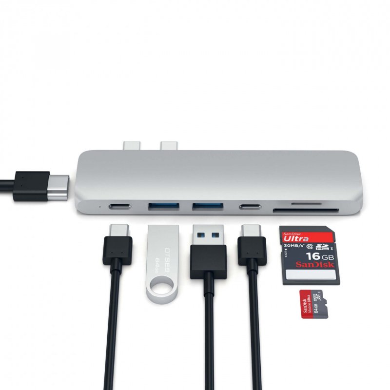 Hub Aluminium Macbook 7-en-1 Type-C vers USB-C PD port USB-C 2x USB 3.0 HDMI4k et x1 SD/Micro - Satechi - Argent