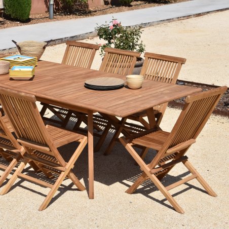 Ensemble de Jardin en Teck Massif comprenant une Table rectangulaire 180/240 cm x 100 cm de large x H75 cm 8 chaises
