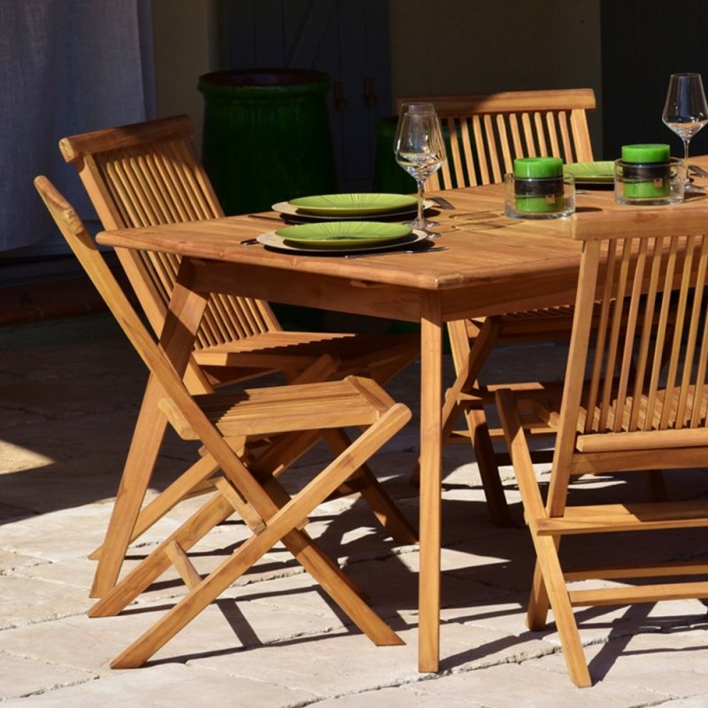 Ensemble de Jardin en Teck Massif comprenant une Table rectangulaire 180/240 cm x 100 cm de large x H75 cm 8 chaises