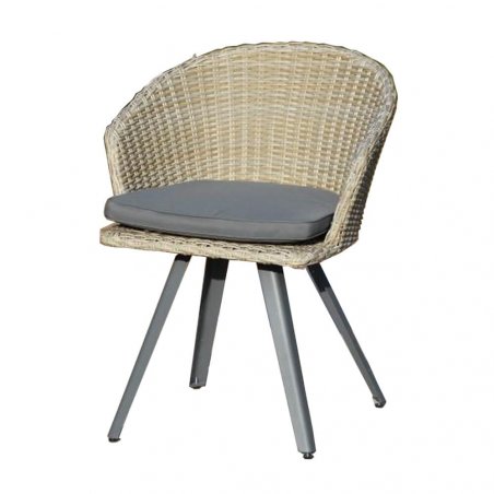 Fauteuil de Jardin CESENA avec Coussin Gris - Pied Scandinave en Métal - Tressage Demi Rond Chiné Brun 62 x 62 x H79