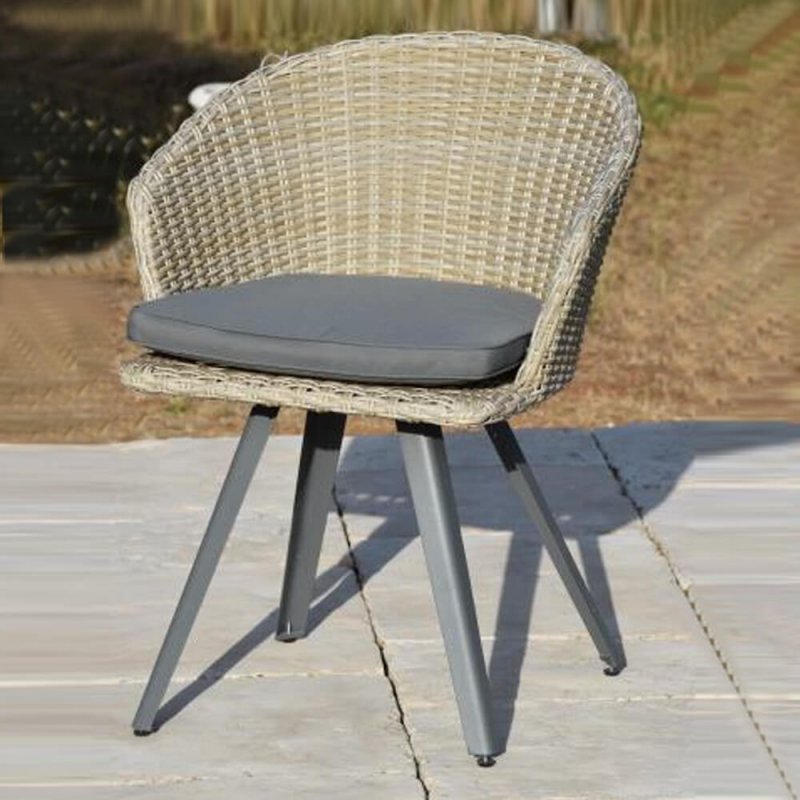 Fauteuil de Jardin CESENA avec Coussin Gris - Pied Scandinave en Métal - Tressage Demi Rond Chiné Brun 62 x 62 x H79