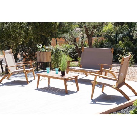 Salon de Jardin PRIMAVERA en Acacia Huilé - Assise et Dossier en Tissu - 1 table 2 fauteuils 1 banquette - Taupe