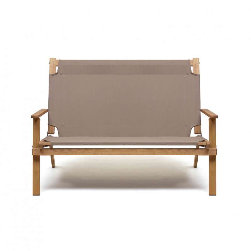 Salon de Jardin PRIMAVERA en Acacia Huilé - Assise et Dossier en Tissu - 1 table 2 fauteuils 1 banquette - Taupe