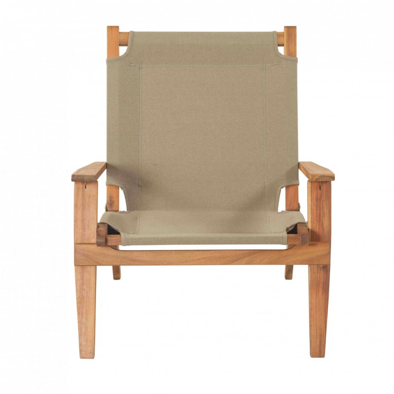 Salon de Jardin PRIMAVERA en Acacia Huilé - Assise et Dossier en Tissu - 1 table 2 fauteuils 1 banquette - Taupe