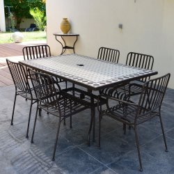 4 Chaises Table Rect Mozaik 160x90 cm avec Plateau en Mosaïque, Pied en Métal avec Trou pour Parasol - Peinture