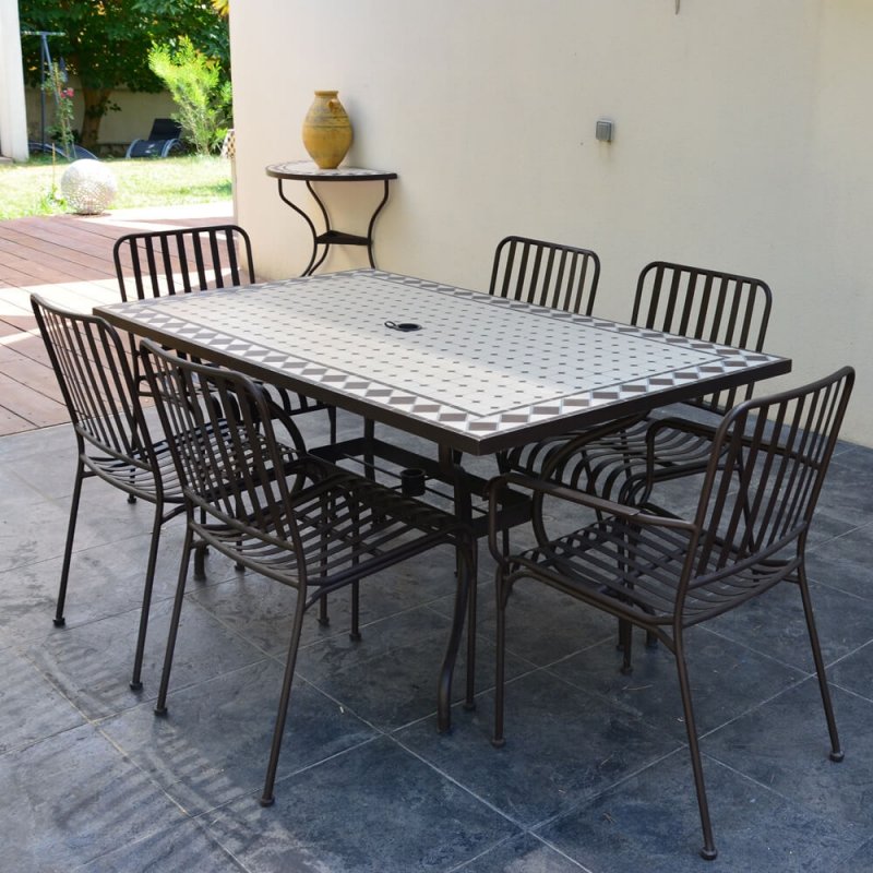 4 Chaises Table Rect Mozaik 160x90 cm avec Plateau en Mosaïque, Pied en Métal avec Trou pour Parasol - Peinture