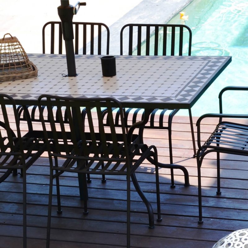 4 Chaises Table Rect Mozaik 160x90 cm avec Plateau en Mosaïque, Pied en Métal avec Trou pour Parasol - Peinture