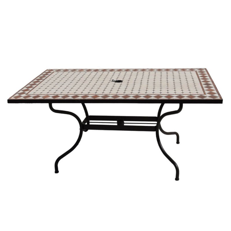 4 Chaises Table Rect Mozaik 160x90 cm avec Plateau en Mosaïque, Pied en Métal avec Trou pour Parasol - Peinture