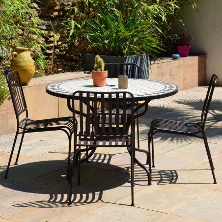 Lot de 4 Chaises Table Ronde Mozaik Diamètre 110cm, Plateau en Mosaique, Pied en Métal avec Trou Parasol