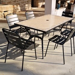 4 Chaises 2 Fauteuils Table Rect Zelie 160x90cm avec Plateau en Mosaïque, Pied en Métal avec Trou Parasol