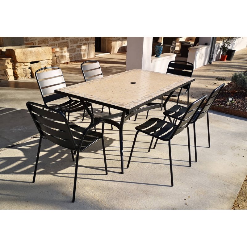 4 Chaises 2 Fauteuils Table Rect Zelie 160x90cm avec Plateau en Mosaïque, Pied en Métal avec Trou Parasol