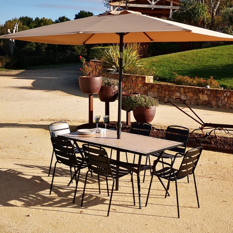 4 Chaises 2 Fauteuils Table Rect Zelie 160x90cm avec Plateau en Mosaïque, Pied en Métal avec Trou Parasol