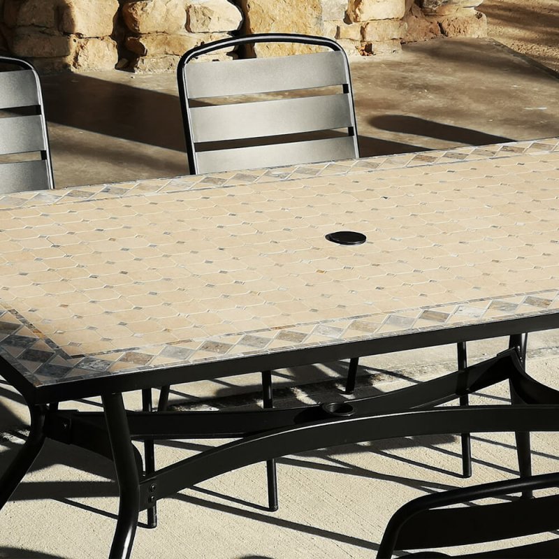 4 Chaises 2 Fauteuils Table Rect Zelie 160x90cm avec Plateau en Mosaïque, Pied en Métal avec Trou Parasol