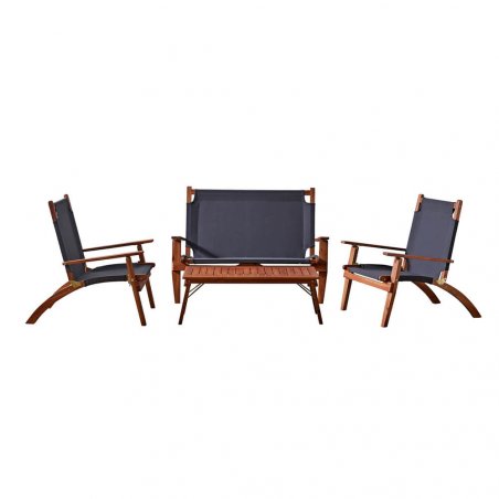 Salon de Jardin Primavera en Acacia Huilé - Assise et Dossier en Tissu - 1 table 2 fauteuils 1 banquette -