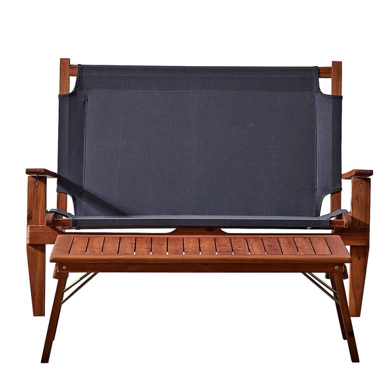 Salon de Jardin Primavera en Acacia Huilé - Assise et Dossier en Tissu - 1 table 2 fauteuils 1 banquette -