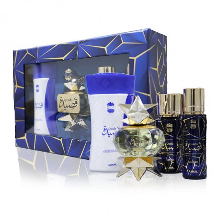 Set Ajmal Qasida Eau De Parfum 60ml Pudra Corp 80gr Bodyspray50 ml Parfum Par 30ml