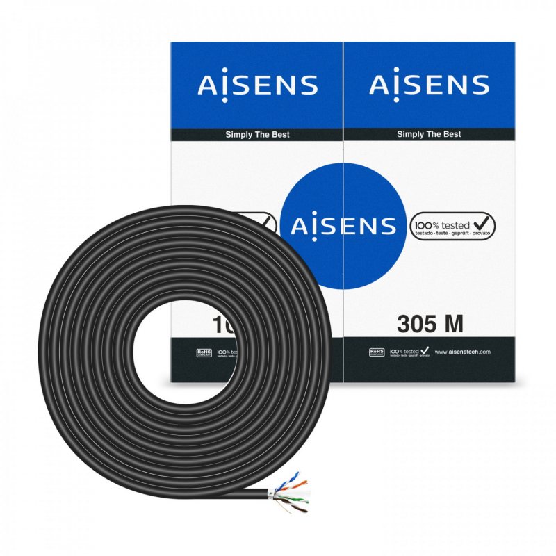 AISENS Waterproof Outdoor Network Cable RJ45 Cat.6 FTP Rigid AWG24, Black, 305M