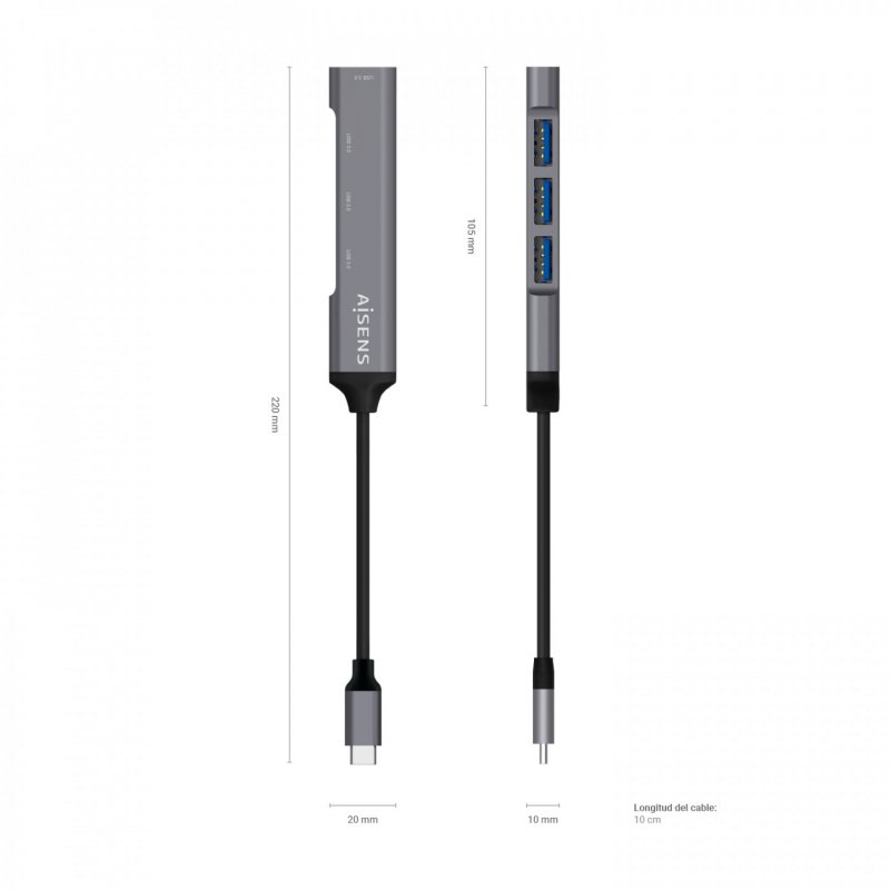 HUB AISENS USB 3.1 USB-C USB-C/M-4XTIPO A/H GRIS 10CM