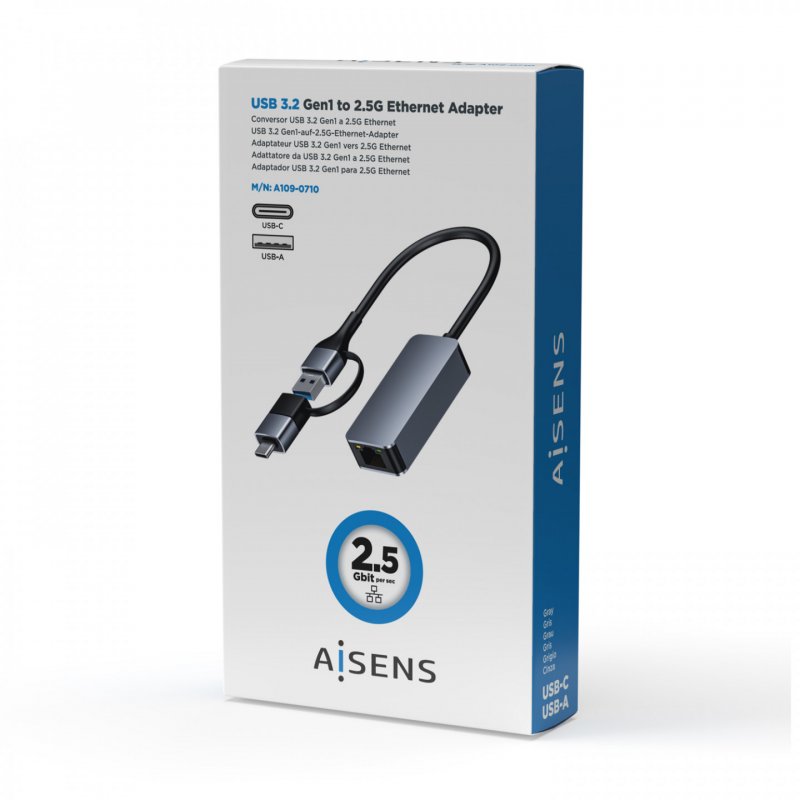 CABLE CONVERSOR AISENS USB3.2 GEN1 USB-A USB-C A ETHERNET 2.5G GRIS 15CM