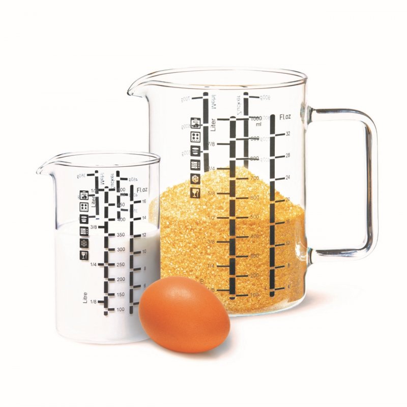 Lot de 2 verres mesureur, cont 0,50l, dimension 80 x 134 mm, cont 1l, dimensions 150 x 150 mm - verre borosilicate-172