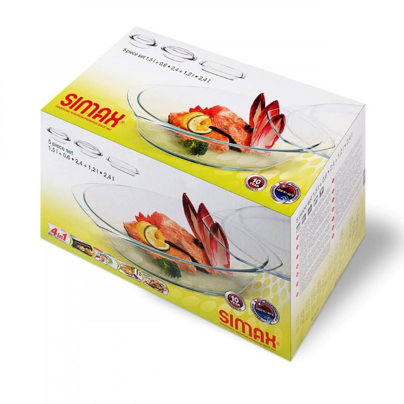 Lot de plats à four 5 pièces, cont 1,50 0,60L, 249x205x93mm - 2,40 1,20L, 334x201x112mm - 2,40L, 351x195x57mm-302