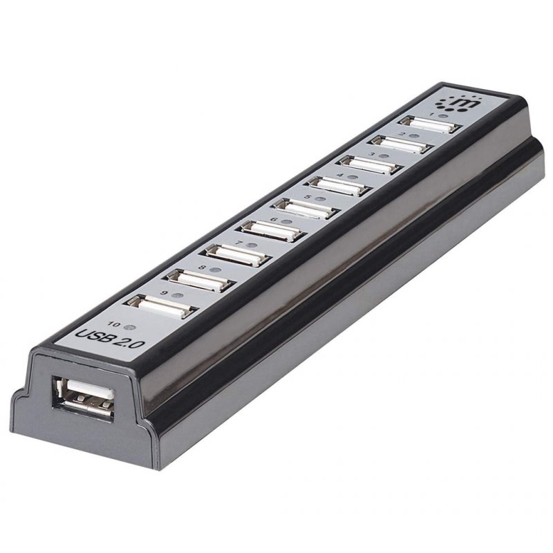 Manhattan USB-A 10-Port Desktop Hub, 10x USB-A Ports, 480 Mbps (USB 2.0), Bus or AC Power, Hi-Speed USB, Black, Three